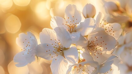 A close-up of delicate white cherry blossoms in bloom, illuminated by the soft glow of the morning sun.