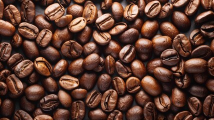 Fototapeta premium Coffee beans, on a black background, top view a pile of large cracked black roasted coffee beans on a black slate background