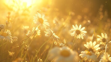 A close-up of delicate white daisies blooming in a meadow, illuminated by golden sunlight.