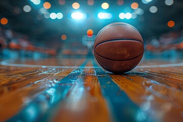 An eye-catching close-up shot of a basketball on a shiny wooden court with the arena lights...