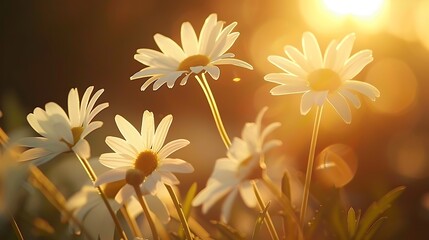 A close-up of delicate white daisies blooming in a meadow, illuminated by golden sunlight.