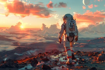 A space explorer walks on an extraterrestrial surface with a warm sunset and moons in the sky
