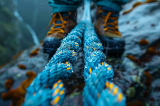 Fototapeta The intricate textures of a blue rope bridge against foggy backdrop evoke strength and journey in adverse conditions