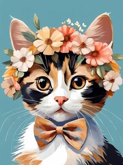 Calico Kitten Wall Art Print With Floral Crown And Bowties Girls Bedroom Decor, Generative AI Illustration 