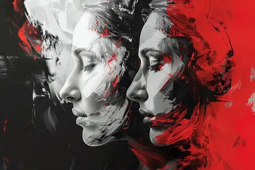 abstract dual face illustration in monochrome and red conceptual digital art