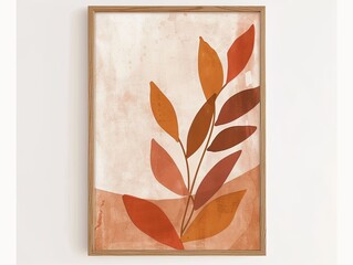 Earthy Boho Plant: Abstract Art Print on Beige Paper with Wooden Frame