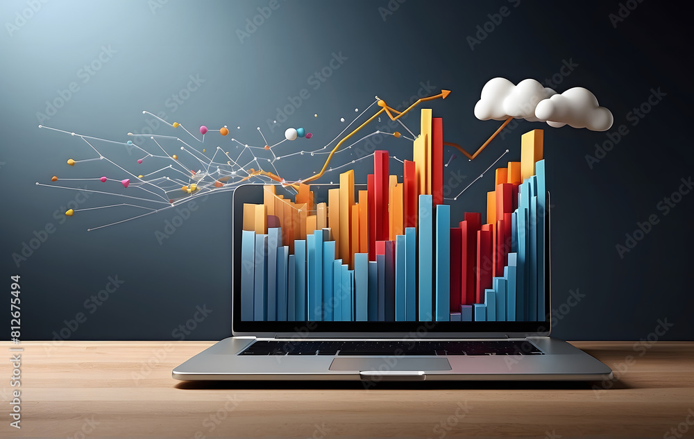 Poster a 3d graph rises from a laptop, symbolizing successful strategy implementation and dynamic business 
