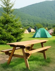 Wilderness Elegance: Blurred Campsite Wooden Table - obrazy, fototapety, plakaty