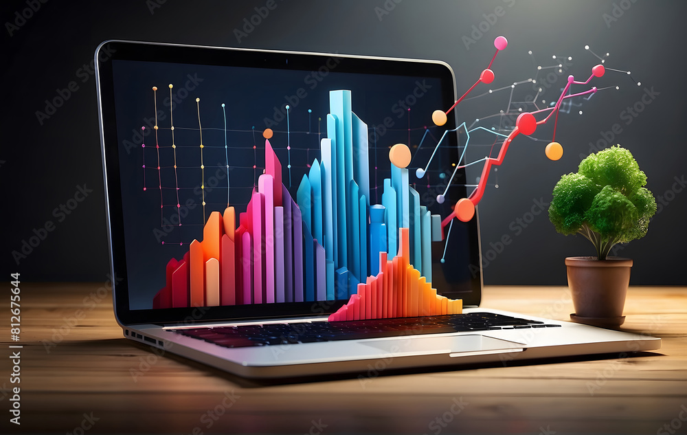 Poster a 3d graph rises from a laptop, symbolizing successful strategy implementation and dynamic business 