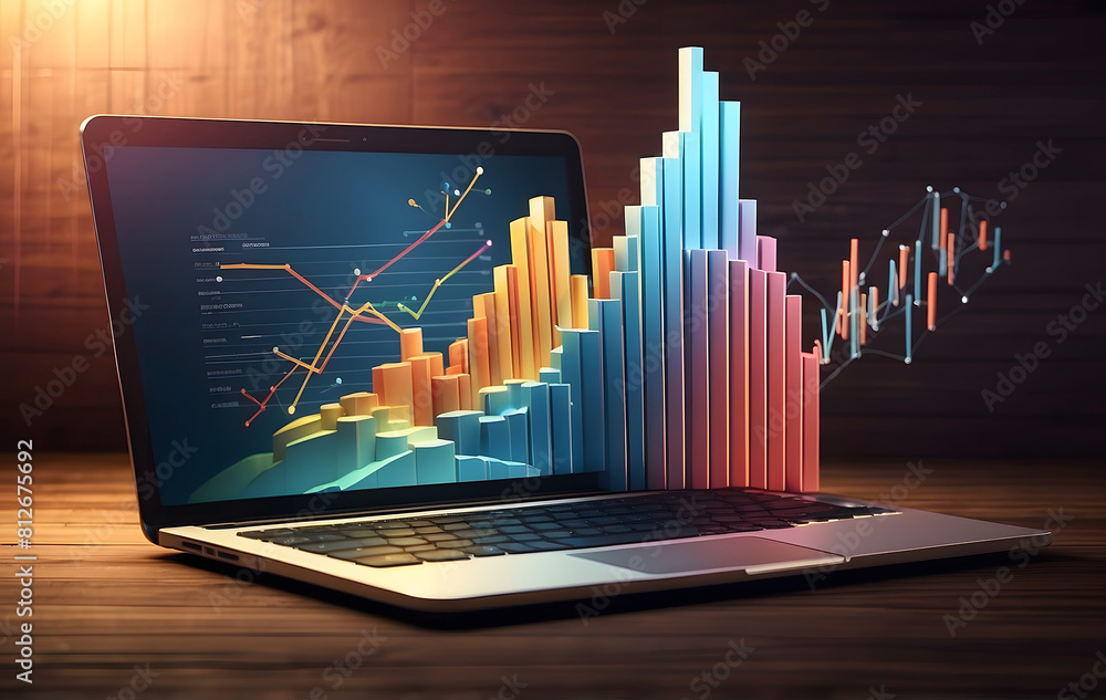 Aufkleber a 3d graph rises from a laptop, symbolizing successful strategy implementation and dynamic business 