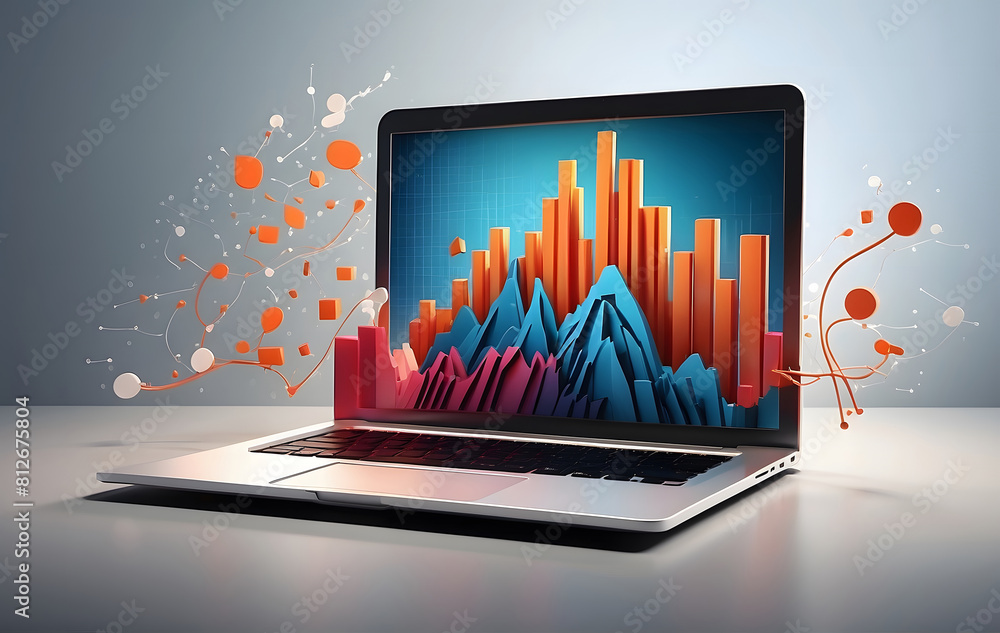Poster a 3d graph rises from a laptop, symbolizing successful strategy implementation and dynamic business 