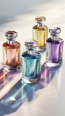 Elegant perfume bottles in various colors with light rays. Glass bottles filled with colored liquids. Natural light