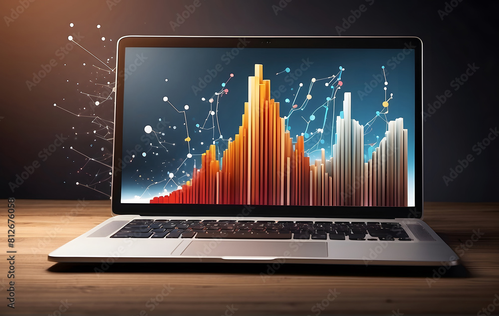 Poster a 3d graph rises from a laptop, symbolizing successful strategy implementation and dynamic business 