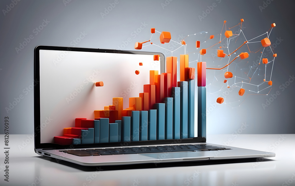 Poster a 3d graph rises from a laptop, symbolizing successful strategy implementation and dynamic business 