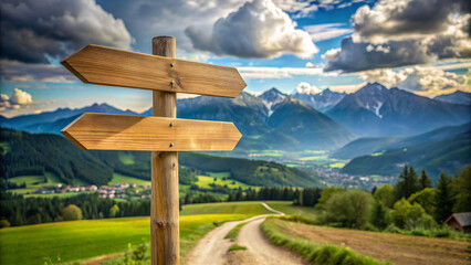 Wooden sign post isolated on village path with white clouds and mountain Direction concept. Mock up, template