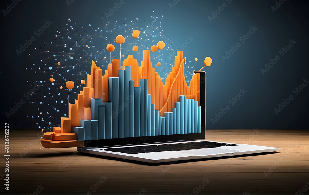 Poster a 3d graph rises from a laptop, symbolizing successful strategy implementation and dynamic business 