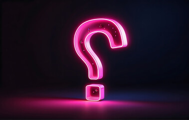 A neon pink question mark glows brightly against a black background.