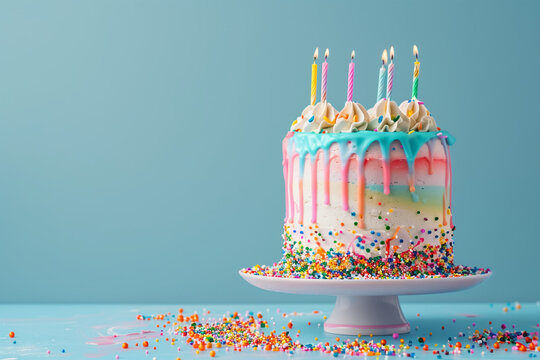 Celebration birthday cake with colorful sprinkles  colorful birthday candles