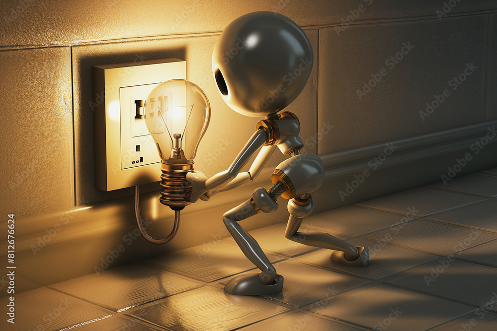 Poster a robot is holding a light bulb and plugging it into a socket