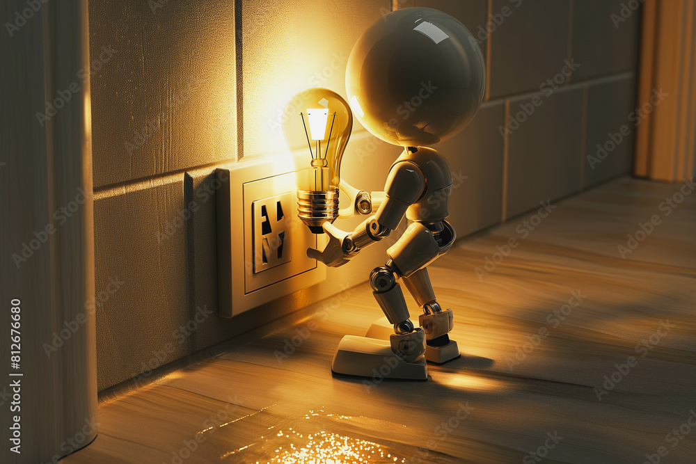 Aufkleber a robot is holding a light bulb and plugging it into a socket