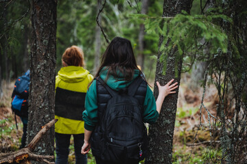 Group of backpackers exploring a natural landscape in the forest