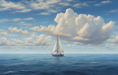 A sailboat floats in the open ocean under a mostly clear blue sky, with a few clouds visible on the horizon.