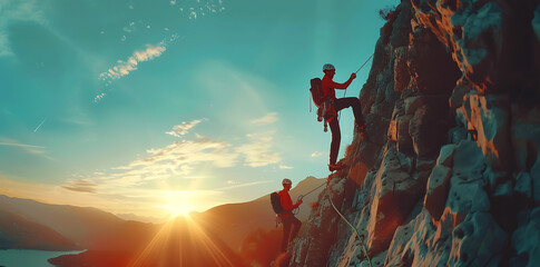 Reaching New Heights Together: Silhouette of Man Helping Another Person Climb to the Top