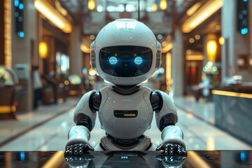 At the bustling center of a futuristic city, a humanoid robot stands behind a sleek counter, its form clad in a refined suit, greeting customers with a warm smile. - obrazy, fototapety, plakaty