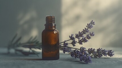 A sleek lavender oil bottle beside a fresh sprig of lavender, Lavender herb and essential aromatherapy oil - obrazy, fototapety, plakaty