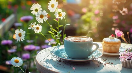A cup of coffee on a table with a small cake for a snack in a flower garden - obrazy, fototapety, plakaty