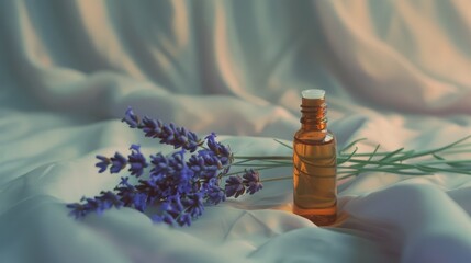 A sleek lavender oil bottle beside a fresh sprig of lavender, Lavender herb and essential aromatherapy oil - obrazy, fototapety, plakaty