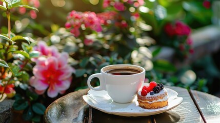 A cup of coffee on a table with a small cake for a snack in a flower garden - obrazy, fototapety, plakaty