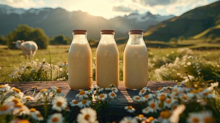 Beautiful glass bottle of milk on wooden desk table top with cow and nature background - obrazy, fototapety, plakaty