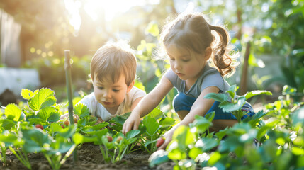 Summer Morning Delight: Portrait of Two Young Kids Harvesting Ripe Strawberries in Vegetable Garden Bed – Family Gardening, Childhood Joy, Organic Produce