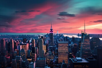 Obraz premium New York City Manhattan skyline panorama at sunset with skyscrapers.