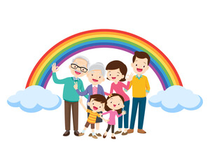 Happy big family in front of house ,rainbow