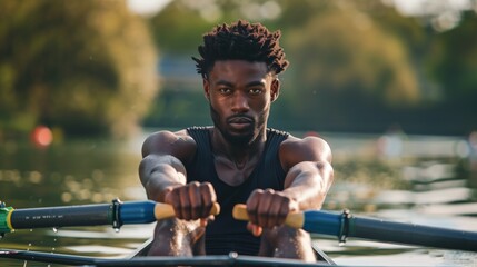 Black man practicing rowing sport, person is focused and enjoying the sport, sports photography,...