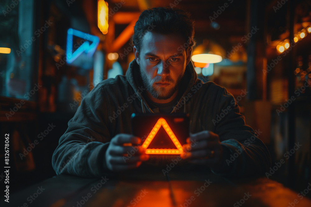 Poster a man is sitting at a table with a red triangle on a device in his hand