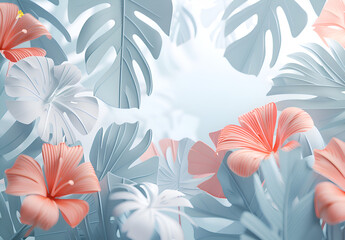 A blue and white background with pink flowers and white leaves. Generative AI