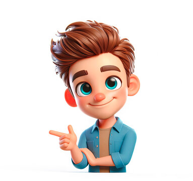 3D character with brown hair, blue shirt, pointing to the side. Face is blurred for privacy. Ideal for digital marketing