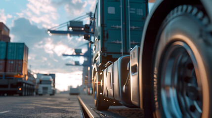 Modern Truck at Container Terminal: Close-Up with Blue Sky Background"