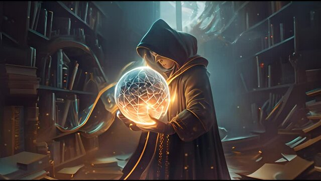 Young sorcerer reaching out to a glowing ball. Man with a luminous ball in his hands, magic.