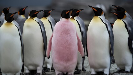 Standing out from the crowd with pink pinguin between penguins, penguins , penguins in group