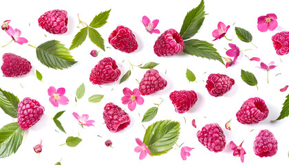 Fresh ripe raspberries, green leaves and flowers flying in the air isolated on white background