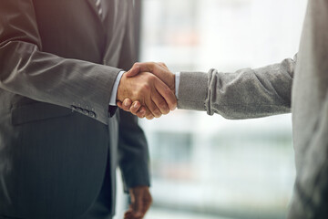 Businessmen, handshake and deal with welcome, agreement and choice in office for business. People,...