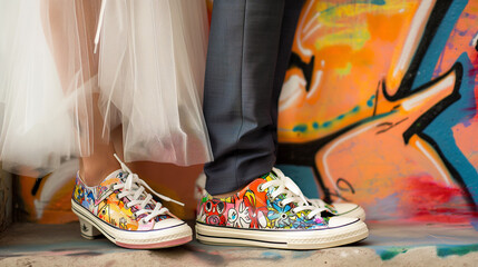 Fashion forward wedding shoes on graffiti backdrop