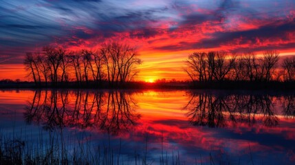 A colorful sunrise over a tranquil lake, with silhouetted trees reflecting on the water surface.