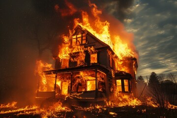 Flames consume a two-story house in a nocturnal blaze, with fire illuminating the dark surroundings