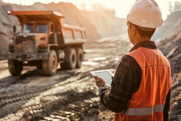 construction worker using tablet on site with truck in background industrial technology concept photography