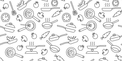 Seamless pattern on a transparent background. Kitchen, dishes, frying pan, fried potatoes, vegetables - tomatoes, carrots, mushrooms, etc.